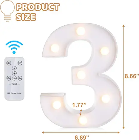 Photo 1 of LED Letters Numbers Marquee Lights Decorative Lamps with Wireless Remote Control for Christmas New Year Valentine Wedding Party Birthday Home Bar (White Number 3)
