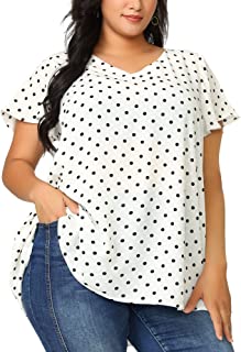 Photo 1 of Agnes Orinda Plus Size Tops for Women V Neck Tie Waist Polka Dots Ruffle Summer Short Sleeve Blouse 3XL
