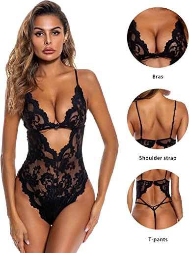 Photo 1 of ADSEXY Lace Women Lingerie Sexy Naughty Floral Teddy One Piece See Through Bodysuits Deep V Neck Backless Mini Babydoll MEDIUM 