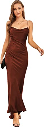 Photo 1 of Aigeman Women's Cowl Neck Elegant Mermaid Satin Wedding Party Dress Backless Evening Gown Cocktail Maxi Dress 72086 XS