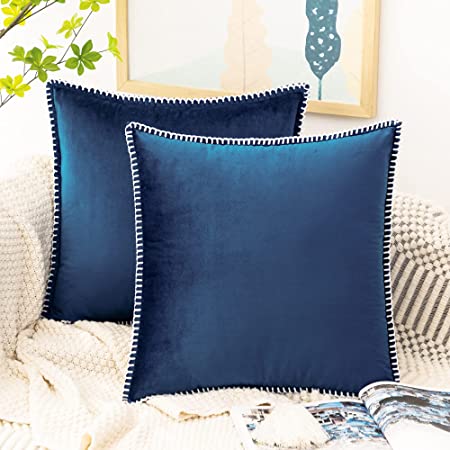 Photo 1 of GAWAMAY Velvet Navy Blue Decorative Throw Pillows Cover 18x18 Inch with Chenille Modern Macrame for Living Room Sofa, Farmhouce Soft Pillow Covers Cushion for Patio Balcony Bedroom Couch 45x45cm
