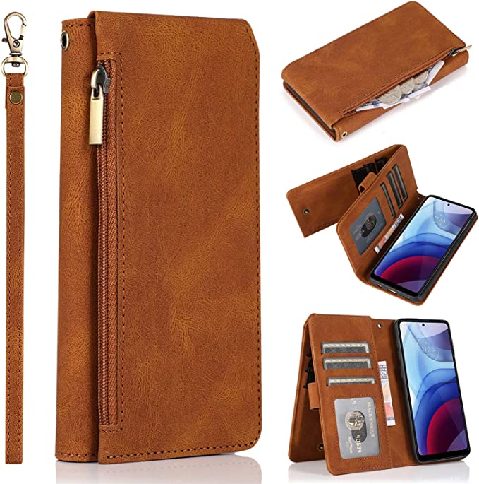 Photo 1 of LBYZCASE Wallet Case for Moto G Stylus(2021),Premium Folio Flip Leather Shock Protective Case Cover[Kickstand][Wrist Strap][Zipper Pocket][8 Credit Holder] for Motorola Moto G Stylus 2021 (Brown