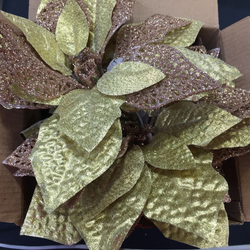 Photo 2 of 10 Pack Christmas Poinsettia Flowers Glitter Poinsettia Bushes Christmas Tree Flowers Christmas Poinsettia Ornament, Artificial Poinsettia Flowers Christmas Decorations-Rose Gold