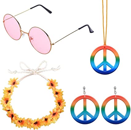 Photo 1 of ABOAT 4 Pieces Hippie Costume Set Includes 1 Sets Rainbow Peace Sign Necklace and Earrings, 1 Piece Flower Crown Headband and 1 Pair of Hippie Sunglasses