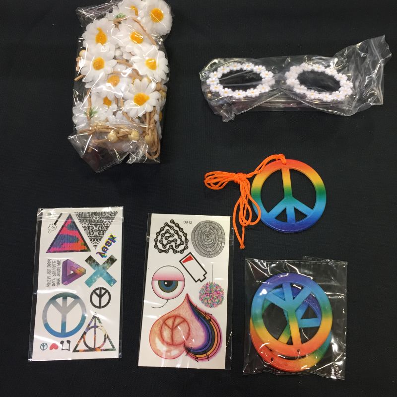 Photo 2 of ABOAT 4 Pieces Hippie Costume Set Includes 1 Sets Rainbow Peace Sign Necklace and Earrings, 1 Piece Flower Crown Headband and 1 Pair of Hippie Sunglasses