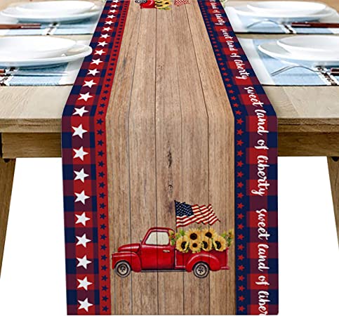 Photo 1 of 4th of July Table Runner,Summer Sunflower on USA Flag Farm Truck Dresser Scarf Cover,Brown Wooden Board Burlap Table Runners for Kitchen, Dining Farmhouse Party 13x70in
