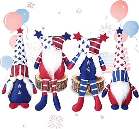 Photo 1 of 4 Pieces 4th of July Patriotic Gnomes Independence Day Gnome Dolls Decorations Handmade Plush Swedish Tomte for Memorial Day Living Room Party Desktop Decor