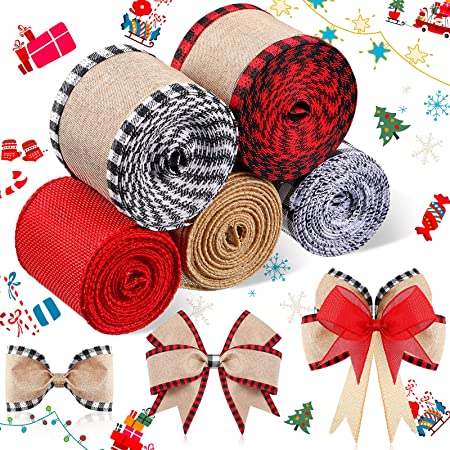 Photo 1 of 5 Rolls Christmas Buffalo Plaid Wired Edge Ribbons 25 Yards x 2.5 Inch Christmas Burlap Fabric Craft Ribbon Wrapping Ribbon with Checkered Edge for DIY and Bows Craft Wedding Decoration