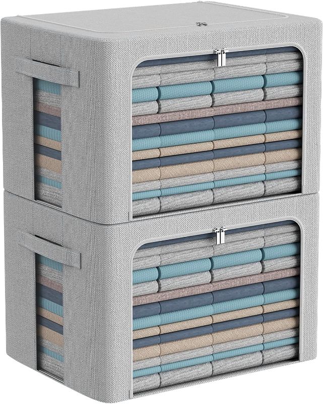 Photo 1 of Clothes Storage Bins Box - Linen Fabric Foldable Stackable Container Organizer Set with Clear Window & Carry Handles & Metal Frame - 2Pack Large Capacity for Bedding, Blankets, Toys, Books (Light Grey, Extra Large-100L)
