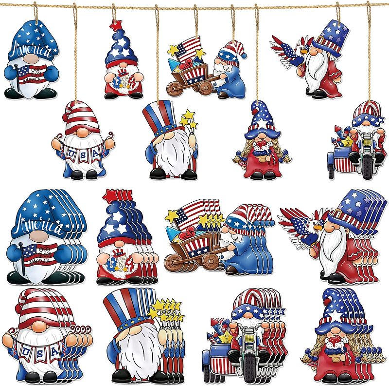 Photo 1 of 4th of July Gnomes Wooden Ornaments Hanging 8 Style Patriotic Gnomes Shaped Wood Hanging Slices Pendants Embellishments Tags for Independence Day Party Home Decoration (32 Pieces)
