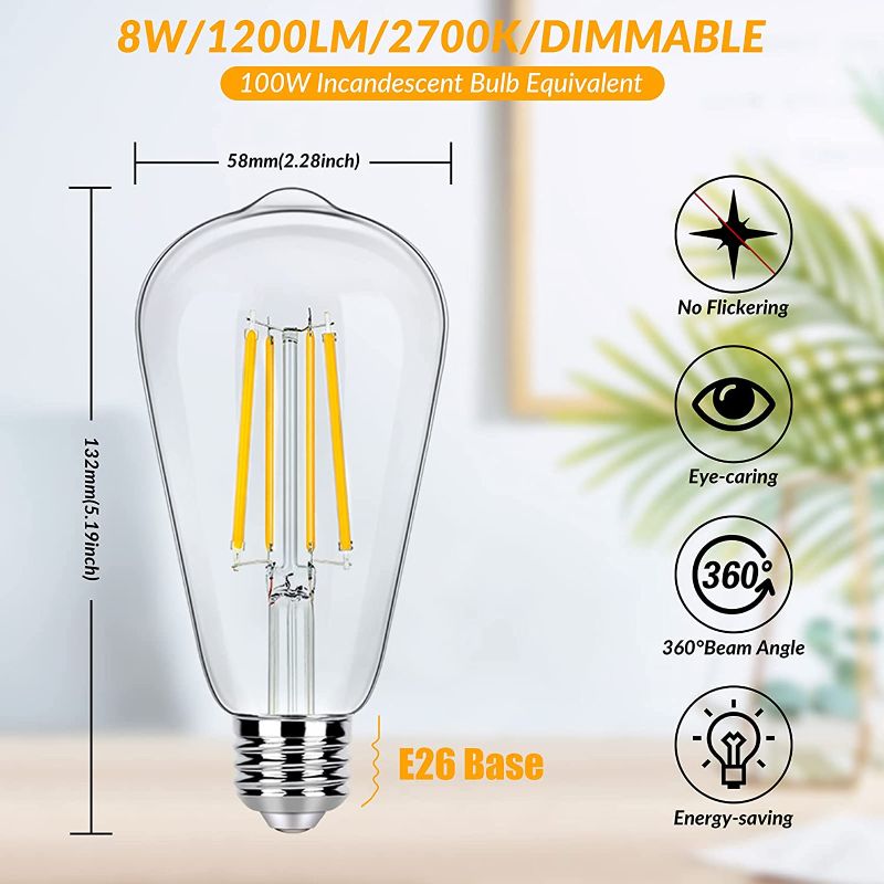 Photo 2 of Dimmable Vintage LED Edison Light Bulbs 100W Equivalent, 8W ST58 Soft White 3000K 1200Lumens ST19 Antique LED Filament Bulbs, E26 Base, Clear Glass, CRI90+, Great for Home Bathroom Kitchen(4 Pack)
