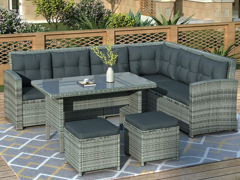 Photo 5 of (BOX NUMBER 2 OF 4)GAOPAN 6-Piece Patio Conversation Furniture Set Includes All-Weather Wicker Sectional Sofa with Soft Cushions, Glass Top Dining Table and 2 Stools, Drak Light Gray
