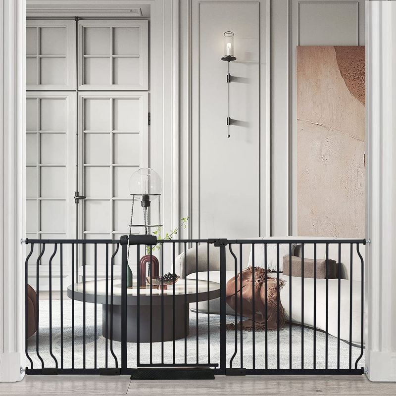 Photo 1 of BELABB Extra Wide Baby Gate Tension Indoor Safety Gates Black Metal Large Pet Gate Pressure Mounted Walk Through Long Dog Gate for The House Doorways Stairs (76.3 Inch-81.2 Inch/194cm-206cm, Black)
