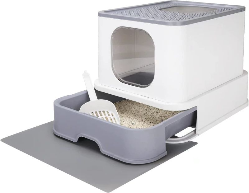 Photo 1 of  Foldable Cat Litter Box,Large Top Entry Anti-Splashing Litter Box with Lid,Enclosed Plastic Cat Litter Box with Handy Litter Scoop,Drawer Type Cat Toilet Easy Cleaning
