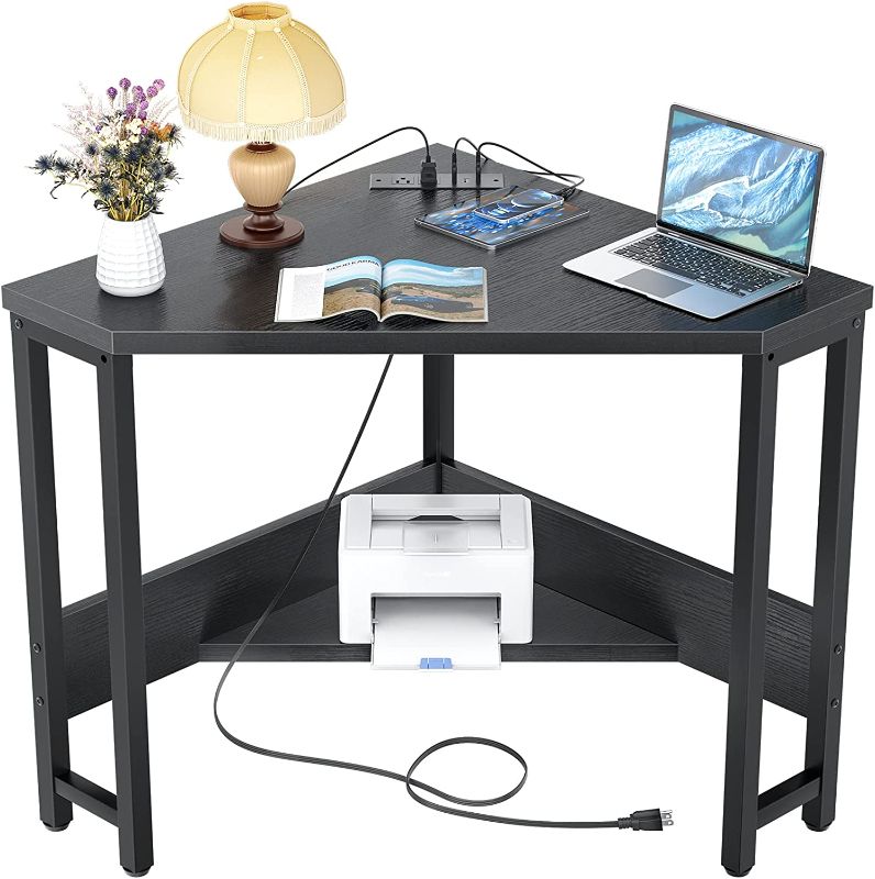 Photo 1 of Armocity Corner Desk Small Desk with Outlets Corner Table for Small Space, Corner Computer Desk with USB Ports Triangle Desk with Storage for Home Office, Workstation, Living Room, Bedroom, Black
