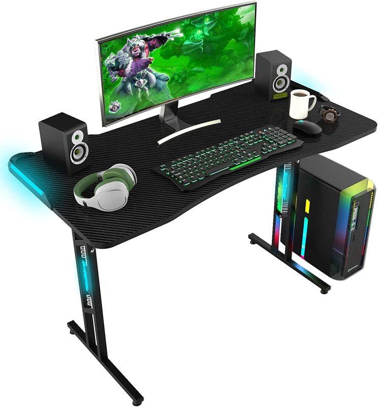Photo 1 of Gaming Desk, Computer Desk with LED Lights, 47.24 Inch Home Office T Shaped Desk, Home Office Writing Study Desk, Modern Computer Game Table, Office Writing Workstation

