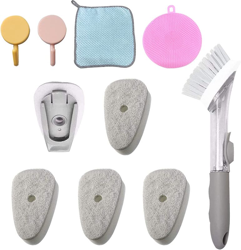 Photo 1 of 11 Piece Kitchen Cleaning Including 1 Dish Brush with Handle and 5 Replacement Gray Sponge Head 1Pcs Silicone Dish Washing Scrubber 1pcs Towel and 2pcs Traceless Wall Hookse
