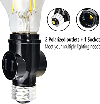 Photo 2 of Aiwode 2 Outlet Light Socket Adapter,Converts Medium Screw Socket into a Socket with Two outlets,Polarized Outlet,UL Listed Bulb Socket Outlet Adapter,Black(4 Pack)
