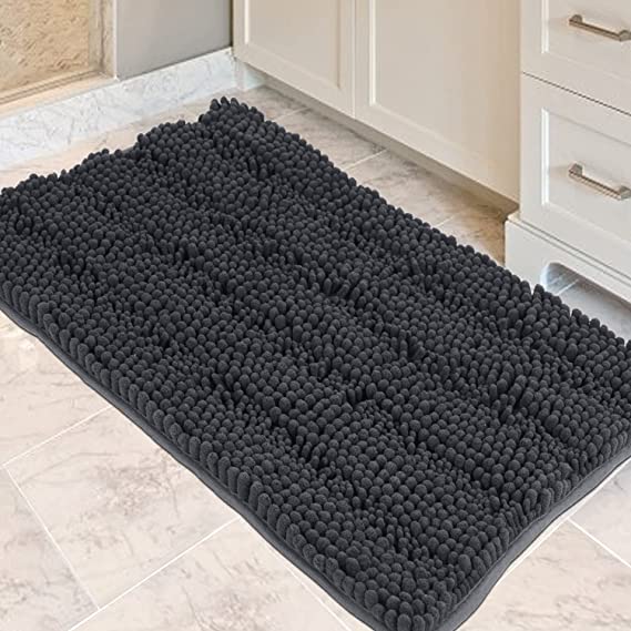 Photo 1 of Bathroom Rugs, Soft Chenille Bath Mat, Super Absorbent Water Bath Rugs, Striped Pattern Bath Mats for Bathroom Non Slip, Machine Washable, Bath Mats for Indoor and Bathroom Floor, 32"x20" Deep Grey