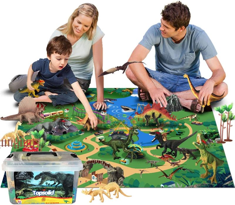 Photo 1 of Dinosaur Toys for Kids 3-5 with 10 Realistic Dinosaur Figures, Large Flannel Activity Play Mat, 30Pcs Dinosaur Playset Include T-Rex, Triceratops, Trees, Dinosaur Fossils, Great Gifts for Boys & Girls
