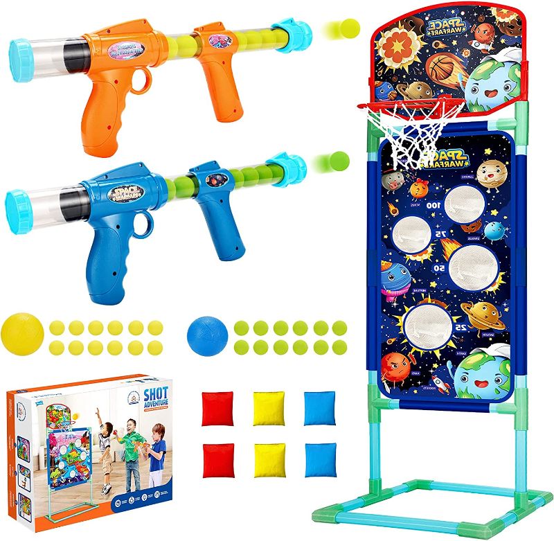 Photo 1 of 2NLF Shooting Game Toy for 5 6 7 8 9 10+Kids,2pk Foam Ball Popper Toy Guns,Scoring Standing Shooting Target with Basket & 24 Foam Balls & 6 Bean Bags & 2 Mini Basketball,Ideal Gifts for Boys Girls ---FACTORY SEALED ----
