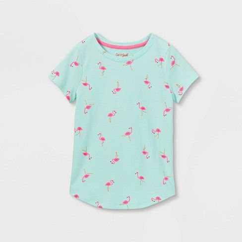 Photo 1 of 2 pcs Girls' Size xl  14/16 Short Sleeve Flamingos Printed T-Shirt - Cat & Jack Mint XL, Green
