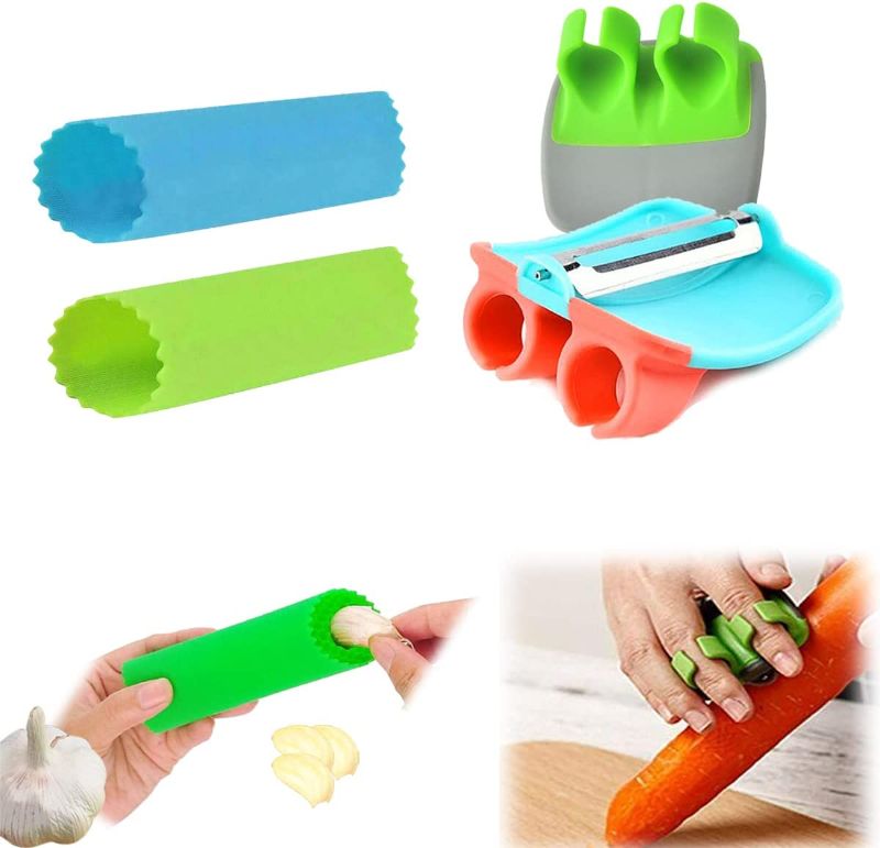 Photo 1 of 2set Vegetable Peeler with Garlic Skin Remover Roller ?Finger Potato Comfortable Rubber Finger Grip for Kitchen, Pumpkin, Carrot, Cucumber, ?Garlic, etc., Multicolor, 20*15*4
