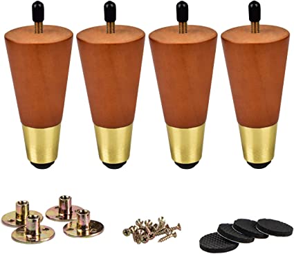 Photo 1 of 4 inch / 10cm Wooden Furniture Legs, La Vane 4Pcs Walnut Solid Wood Tapered M8 Furniture Replacement Feet with Pre-Drilled 5/16 inch Bolt & Brass Base & Mounting Plate & Screws for Sofa Bed Ottoman
