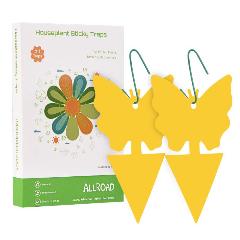 Photo 1 of 2 pack ALLRoad 21 Pcs Yellow Sticky Fruit Fly Traps Gnat Trap for Indoor/Outdoor Houseplant Sticky Bug with Holes Insect Catcher Protect The Plant 21 x 2 pack-Butterfly