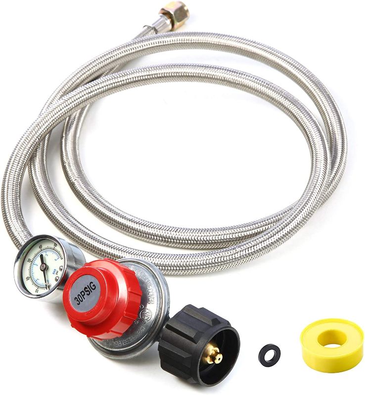 Photo 1 of 5Ft Adjustable Propane Regulator Hose Braided Steel 0~30 PSI Gas Flow Indicator for Fire Pit, Turkey Fryer, Burner, Cooker, Grill, Firepit etc-CSA Certification, QCC1 x 3/8 Female Flare Connection
