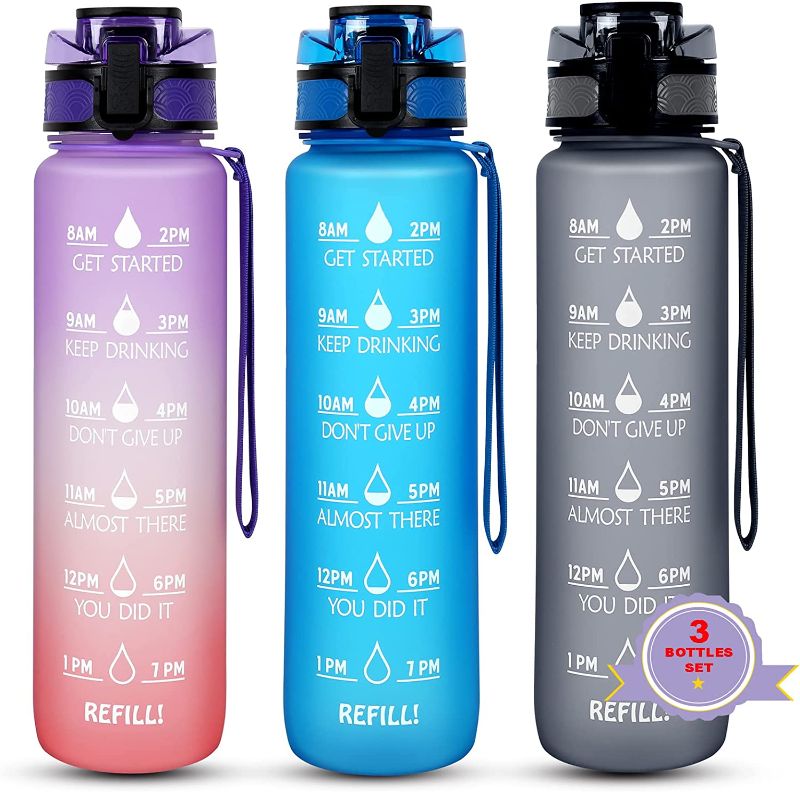 Photo 1 of  3PACK 32oz Large Water Bottle with Motivational Time Maker Leak-proof BPA Free Drinking Water Bottle for Fitness Gym Camping and Outdoor Sports
