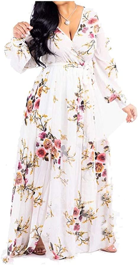 Photo 1 of lvenzse Womens Maxi Dress Boho Chiffon Floral Printed V-Neck Long Dresses 
