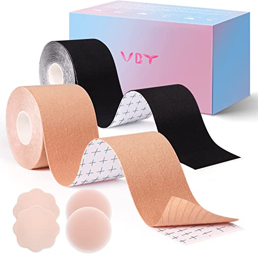 Photo 1 of 2 Pack Boob Tape - Breast Lift Tape, Body Tape for Breast Lift w 2 Pcs Silicone Breast Petals Reusable Adhesive Bra& 2 Pcs Fabric Nipple Covers, Bob Tape for Large Breasts A-G Cup, Black&Nude