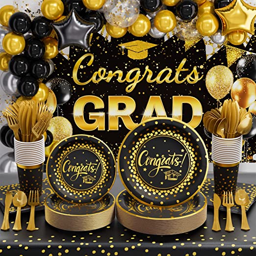 Photo 1 of  Graduation Party Supplies Set - 257 PCS Disposable Dinnerware(Serve 25) & Decorations Includes Black Gold Paper Plate Cup Napkin Cutlery Tablecloth Backdrop Balloon Garland Kit