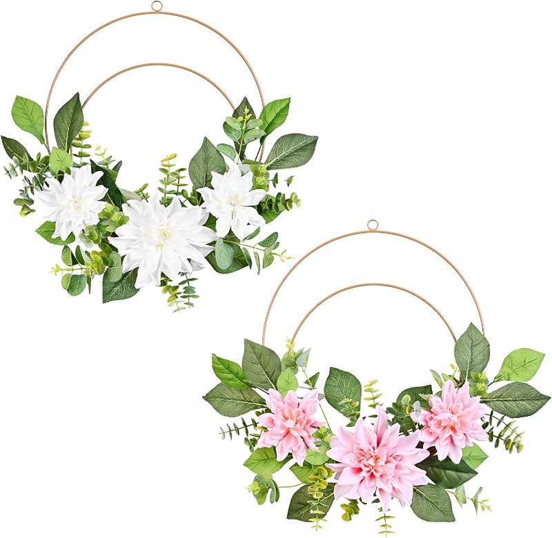 Photo 1 of 2 Pack Summer Wreath for Front Door Vlorart 19.5" Faux Dahlia Hoop Wreath with Eucalyptus and Boxwood Leaf Plant Pendants for Summer Wall Decor Wedding Background Baby Room Decorations
