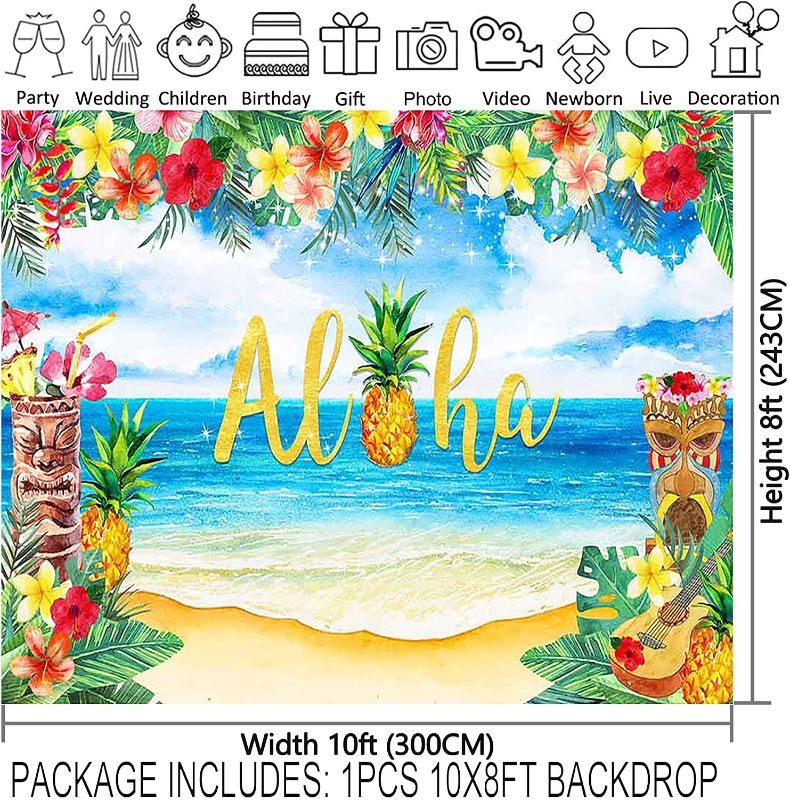 Photo 1 of Allenjoy 120x96inch Fabric Aloha Backdrop Luau Hawaiian Party Decorations Tropical Beach Leis Photo Booth Summer Birthday Banner Supplies Tiki Themed Photography Background for Adults Couple Kids