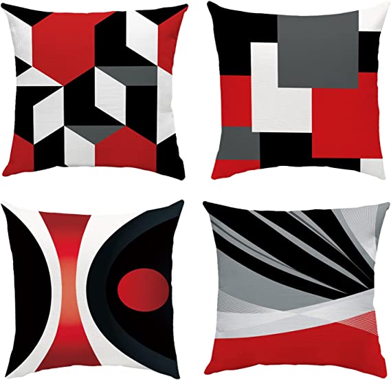 Photo 1 of Decortery Outdoor Pillow Covers Living Room Bedroom Home Set of 4 Red Black Pillow Covers Modern Red Room Decor Pillows Geometric Pattern Decorations for Sofa Couch Multicolor 18x18 Inch
