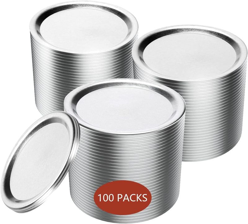 Photo 1 of 100 Count Wide Mouth Canning Lids,86mm Mason Jar Canning Lids, Reusable Leak Proof Split-Type Lids with Silicone Seals Rings (100Count 86mm)
