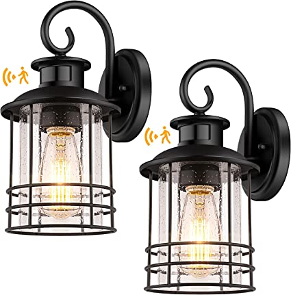 Photo 1 of 2-Pack Motion Sensor Outdoor Wall Sconces, Waterproof Dusk to Dawn Exterior Wall Lantern Light Fixtures, Anti-Rust Matte Black Porch Lights with Seeded Glass for Entryway Garage, PIR Motion Activated