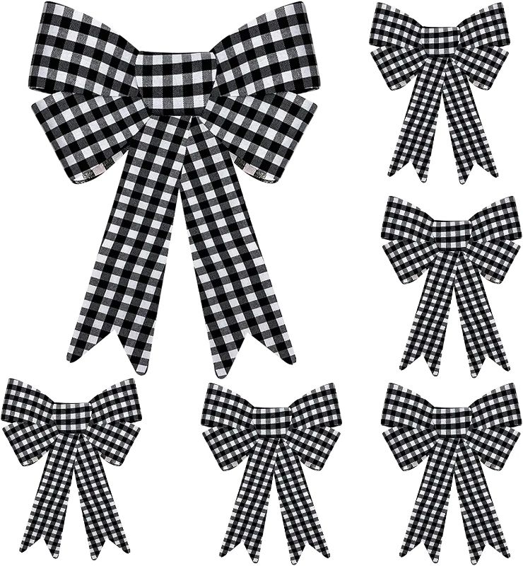 Photo 1 of 6 Pack Christmas Bows Decorations, Large Christmas Buffalo Plaid Bows for Wreath Garland Christmas Tree Topper Ornaments Outdoor Indoor Christmas Decorations Home Party Crafts, 9 x 12.5 "(Black White)

