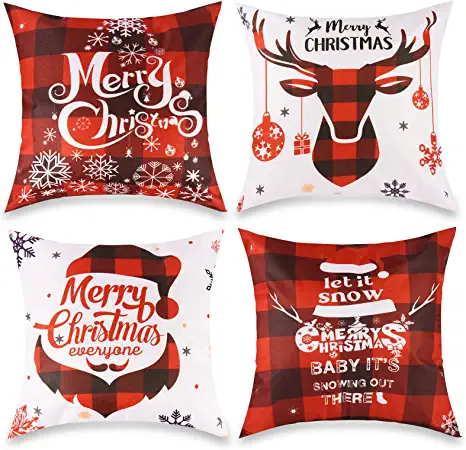 Photo 1 of Christmas Pillow Covers Set of 4 Farmhouse Black and Red Plaid Pillow Covers Holiday Rustic Linen Pillow Case for Sofa Couch Christmas Decorations Throw Pillow Covers