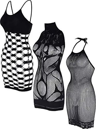 Photo 1 of GVIANCXI 3 Pack Women Fishnet Dresses Mesh Lingerie Fishnet Babydoll Mini Dress Hollow Sleepwear Black
