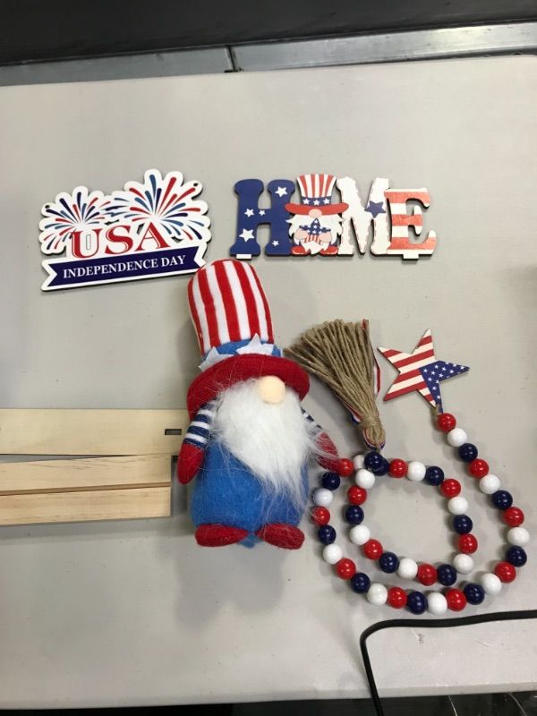 Photo 2 of 4th of July Decorations Tiered Tray Decor, Patriot Decorations with Gnomes Memorial Day Decorations Wooden Signs Red White and Blue Bead Garland, Farmhouse Tiered Tray Decorations (Tray Not Included)
