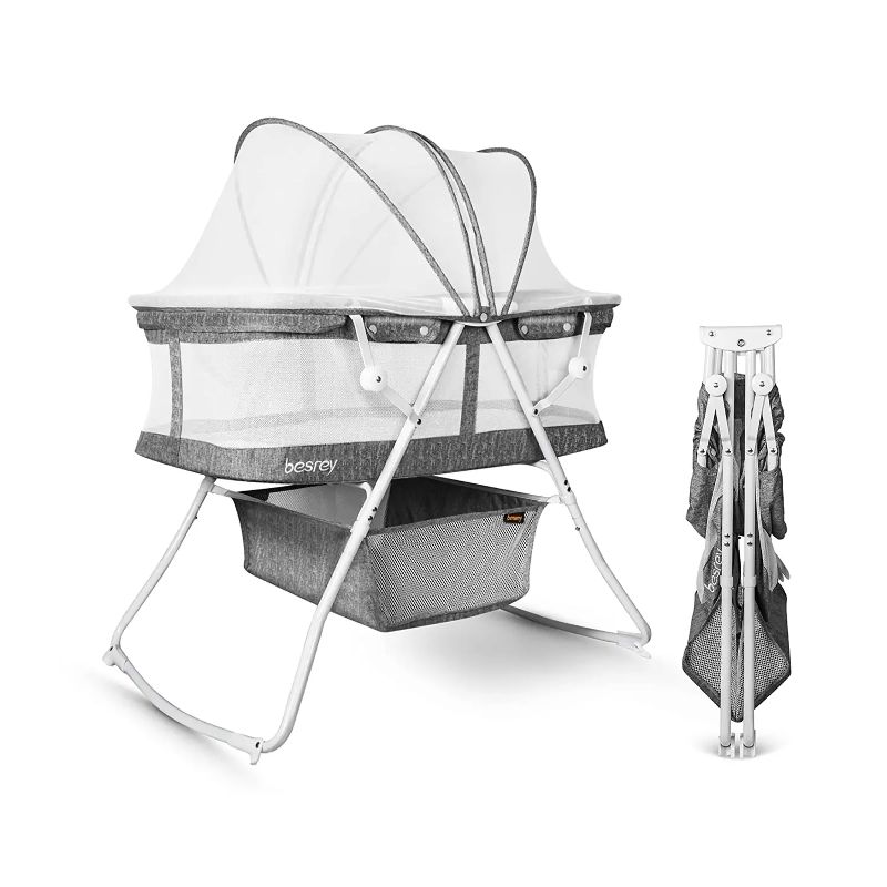 Photo 1 of besrey Bassinet for Baby, 3 in 1 Portable Baby Bassinets, Rocking Cradle Bed, Easy Folding Bedside Sleeper Crib, Quick-Fold for Newborn Infant, up to 33 lb Compact Storage, Mattress and Net Included

