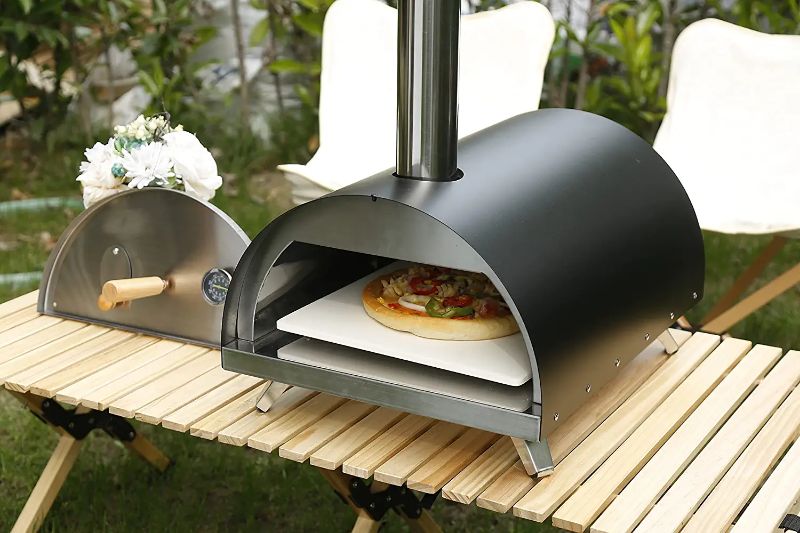 Photo 1 of 12" Wood Fired Outdoor Pizza Oven, Portable Foldable Wood Pellet Pizza Oven with Pizza Stone, with Insulated Lining 2-Layer Stainless Steel Construction for Picnic Camping & Dinner Party
