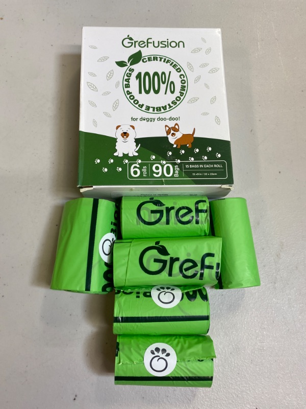 Photo 1 of GreFusion Compostable Dog Poop Bags,90 Count, Extra Thick & Leak Proof, Easy Open, 6 Refill Rolls ,15 Bags Per Roll, 9 x 13 Inches, Large Dog Waste Bags
