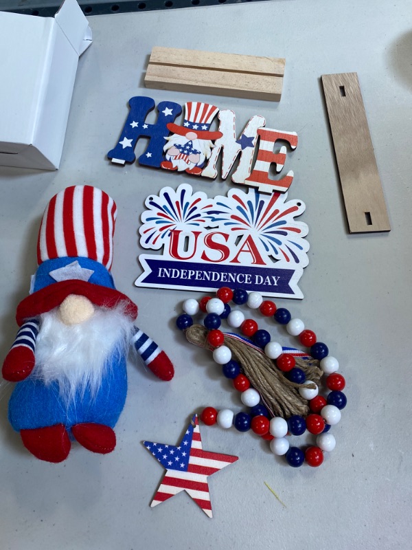 Photo 3 of 4th of July Decorations Tiered Tray Decor, Patriot Decorations with Gnomes Memorial Day Decorations Wooden Signs Red White and Blue Bead Garland, Farmhouse Tiered Tray Decorations (Tray Not Included)
