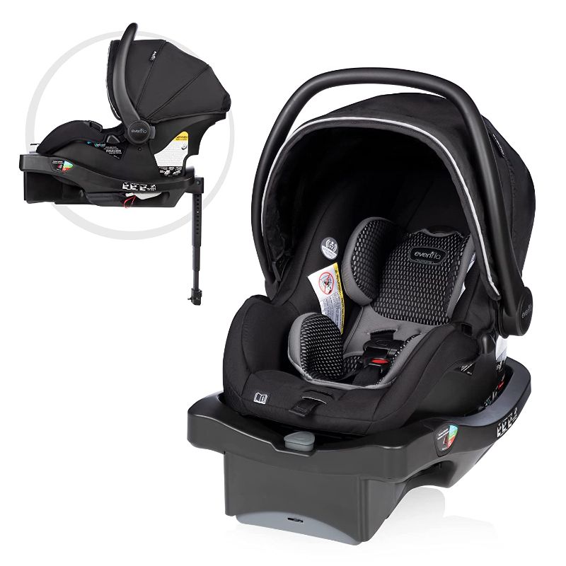 Photo 1 of Evenflo LiteMax DLX Infant Car Seat with FreeFlow Fabric, SafeZone and Load Leg Base Black, Color Sawyer Gray