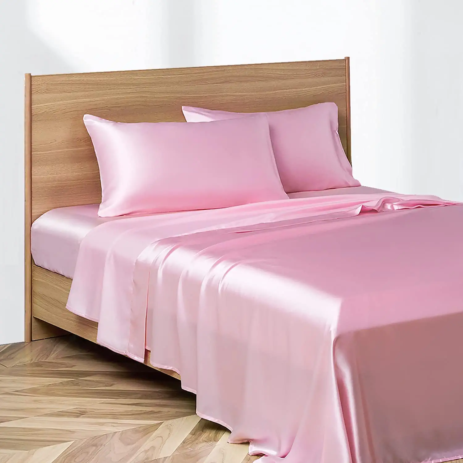 Photo 1 of Candoury Satin Sheets Bed Set 4 Pcs, King Size Silky Bedding Set, Soft and Durable Pillowcase, Flat Sheet and Fitted Sheet, Hotel Luxury Bed Sheets Set(King, Pink)
