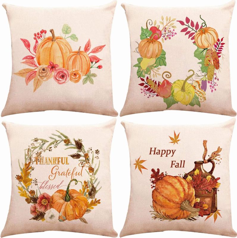 Photo 1 of ZUEXT Happy Fall Autumn Pumpkin Throw Pillow Covers 18 x 18 Inch 2 Side Print, Set of 4 Cotton Linen Square Cushion Pillowcases for Car Bed Couch, Halloween Thanksgiving Gift Fall Harvest Home Decor
